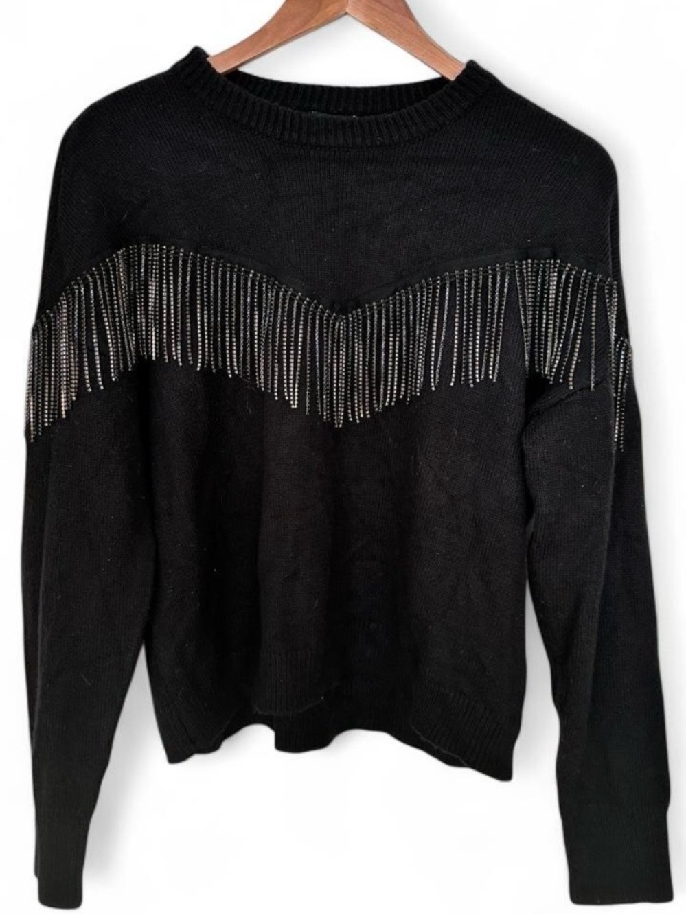 Express Black Sweater with Rhinestone Fringe Detail